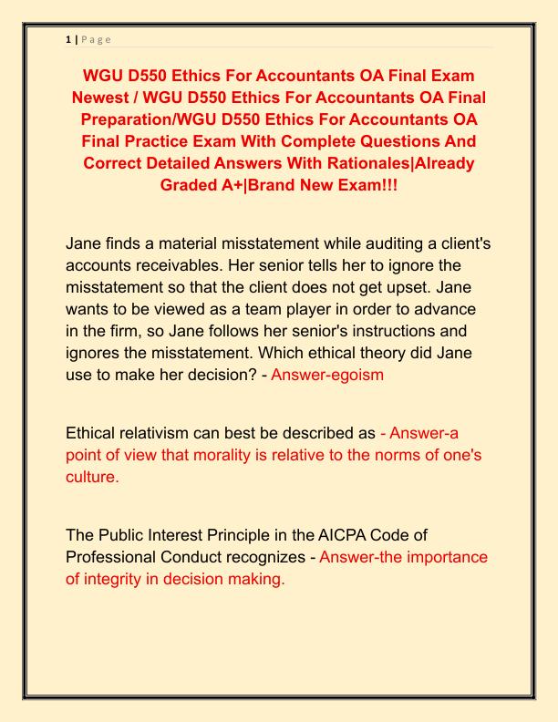 WGU D550 Ethics For Accountants OA Final Exam Newest