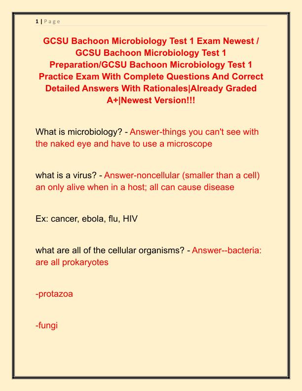 GCSU Bachoon Microbiology Test 1 Exam Newest