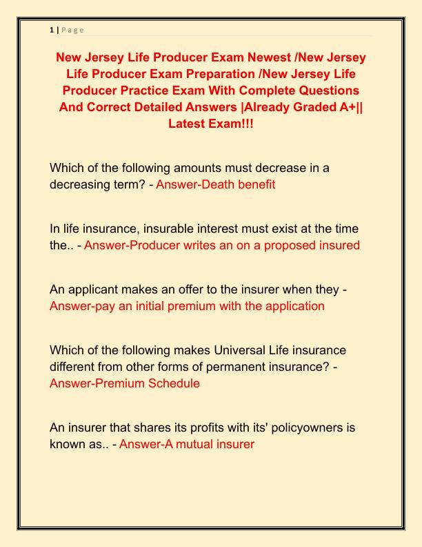 New Jersey Life Producer Exam Newest