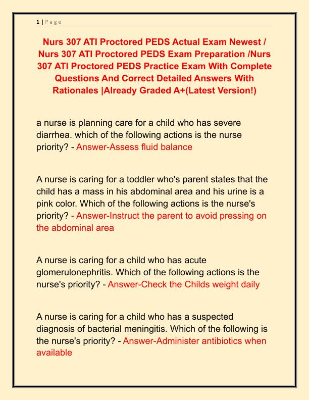 Nurs 307 ATI Proctored PEDS Actual Exam Newest