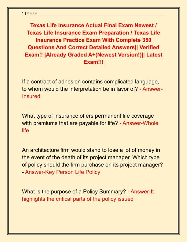 Texas Life Insurance Actual Final Exam Newest