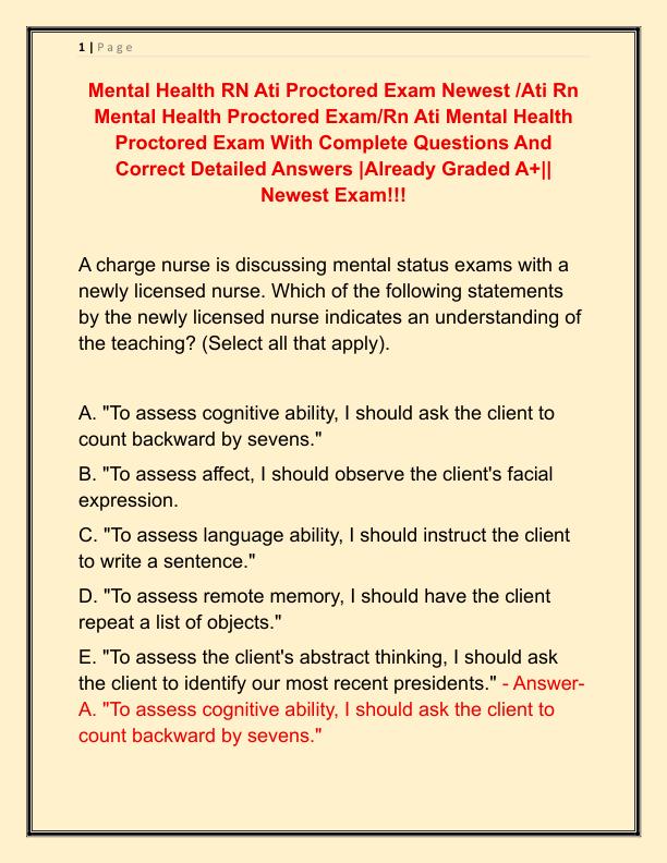 Mental Health RN Ati Proctored Exam Newest