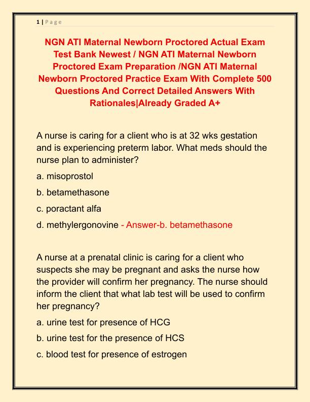 NGN ATI Maternal Newborn Proctored Actual Exam Test Bank Newest
