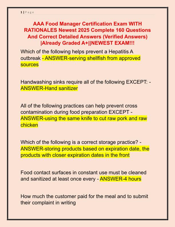 AAA Food Manager Certification Exam Newest 2025 Complete 160 Questions And Correct Detailed Answers