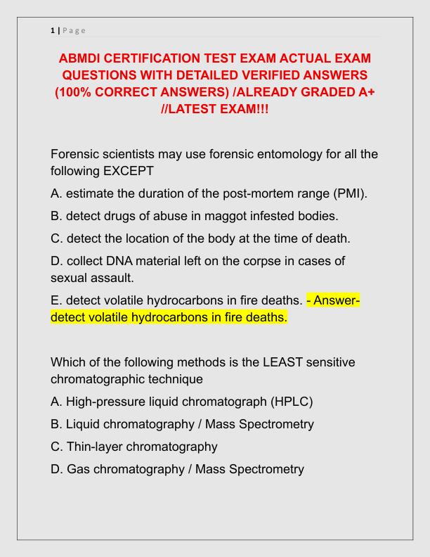 ABMDI CERTIFICATION TEST EXAM ACTUAL EXAM QUESTIONS WITH DETAILED VERIFIED ANSWERS