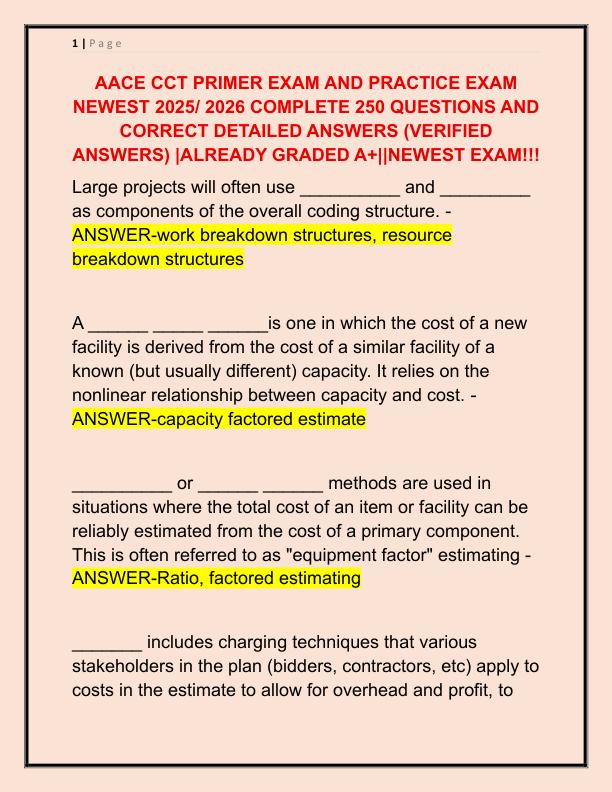 AACE CCT PRIMER EXAM AND PRACTICE EXAM NEWEST 2025 COMPLETE 250 QUESTIONS AND CORRECT DETAILED ANSWERS