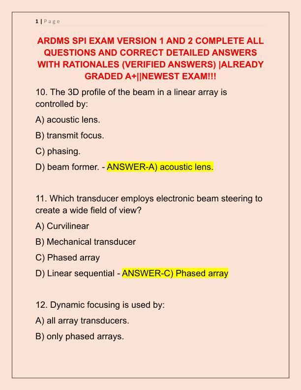 2025 ARDMS SPI EXAM VERSION 1 AND 2 COMPLETE ALL QUESTIONS AND CORRECT DETAILED ANSWERS WITH RATIONALES