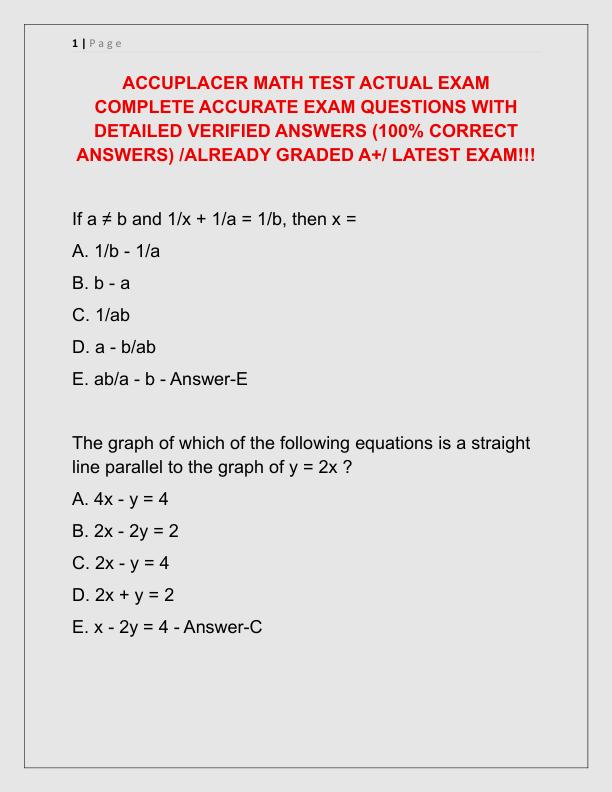ACCUPLACER MATH TEST ACTUAL EXAM COMPLETE ACCURATE EXAM QUESTIONS WITH DETAILED VERIFIED ANSWERS