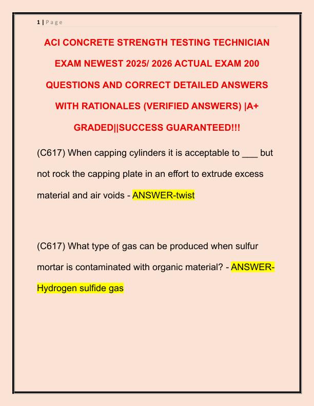 ACI CONCRETE STRENGTH TESTING TECHNICIAN EXAM NEWEST 2025 ACTUAL EXAM 200 QUESTIONS AND CORRECT DETAILED ANSWERS
