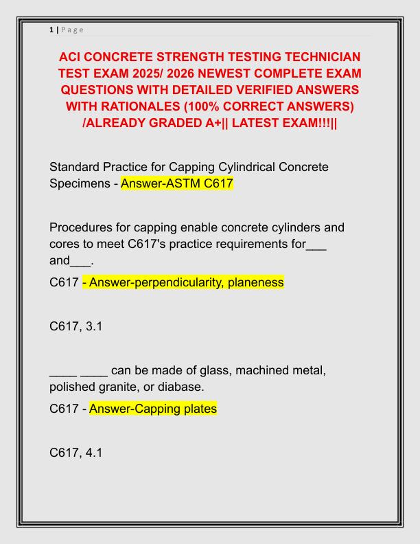ACI CONCRETE STRENGTH TESTING TECHNICIAN TEST EXAM 2025