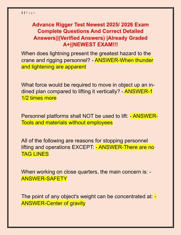 Advance Rigger Test Newest 2025 Exam Complete Questions And Correct Detailed Answers