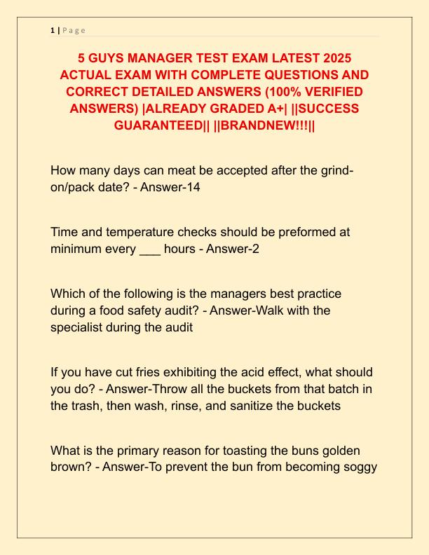 5 GUYS MANAGER TEST EXAM LATEST 2025 ACTUAL EXAM WITH COMPLETE QUESTIONS AND CORRECT DETAILED ANSWERS
