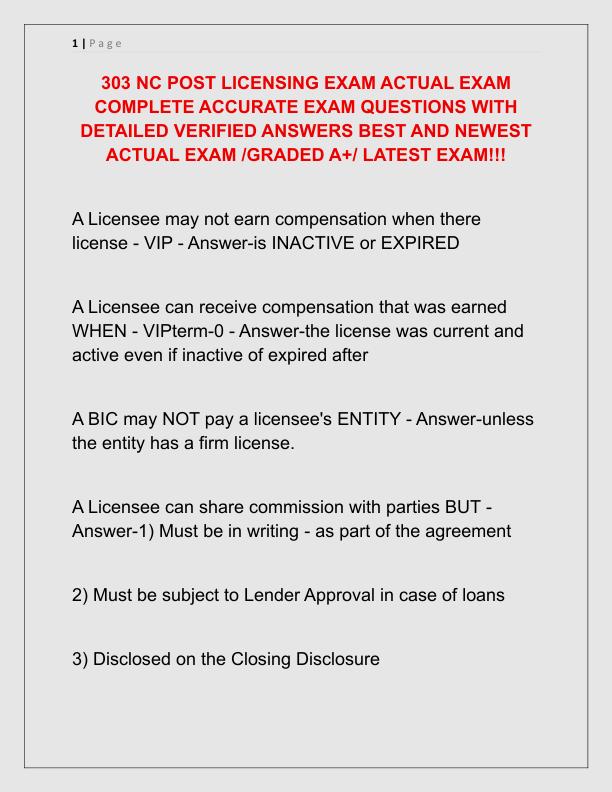 303 NC POST LICENSING EXAM ACTUAL EXAM COMPLETE ACCURATE EXAM QUESTIONS WITH DETAILED VERIFIED ANSWERS BEST AND NEWEST ACTUAL EXAM