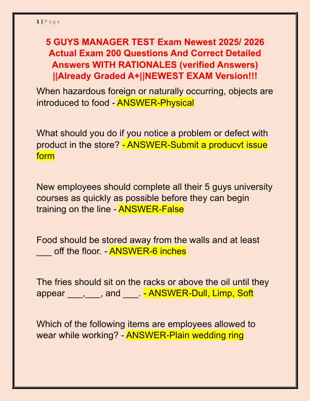 5 GUYS MANAGER TEST Exam Newest 2025 Actual Exam 200 Questions And Correct Detailed Answers