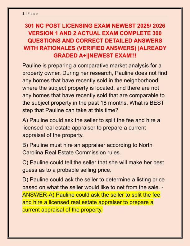 301 NC POST LICENSING EXAM NEWEST 2025 VERSION 1 AND 2 ACTUAL EXAM COMPLETE 300 QUESTIONS AND CORRECT DETAILED ANSWERS