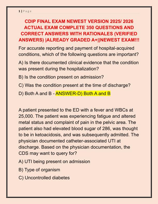 2025 CDIP FINAL EXAM NEWEST VERSION 2025 ACTUAL EXAM COMPLETE 350 QUESTIONS AND CORRECT ANSWERS WITH RATIONALES