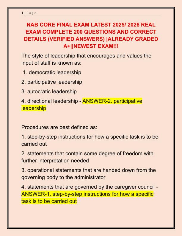 2025 NAB CORE FINAL EXAM LATEST 2025 REAL EXAM COMPLETE 200 QUESTIONS AND CORRECT DETAILS