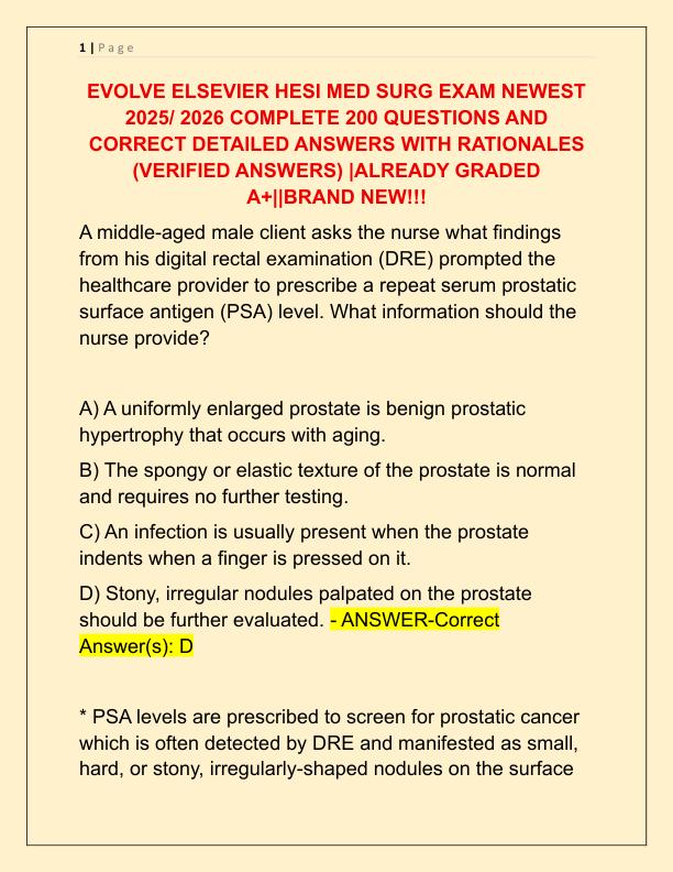 2025 EVOLVE ELSEVIER HESI MED SURG EXAM NEWEST 2025 COMPLETE 200 QUESTIONS AND CORRECT DETAILED ANSWERS