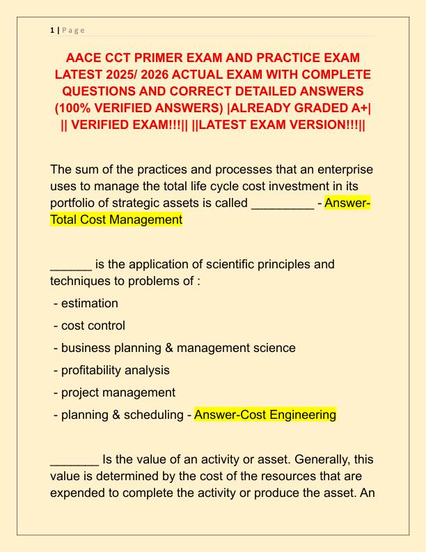 AACE CCT PRIMER EXAM AND PRACTICE EXAM LATEST 2025