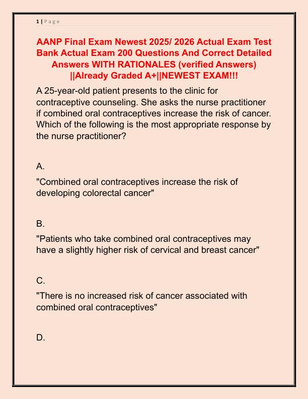 AANP Final Exam Newest 2025 Actual Exam Test Bank Actual Exam 200 Questions And Correct Detailed Answers