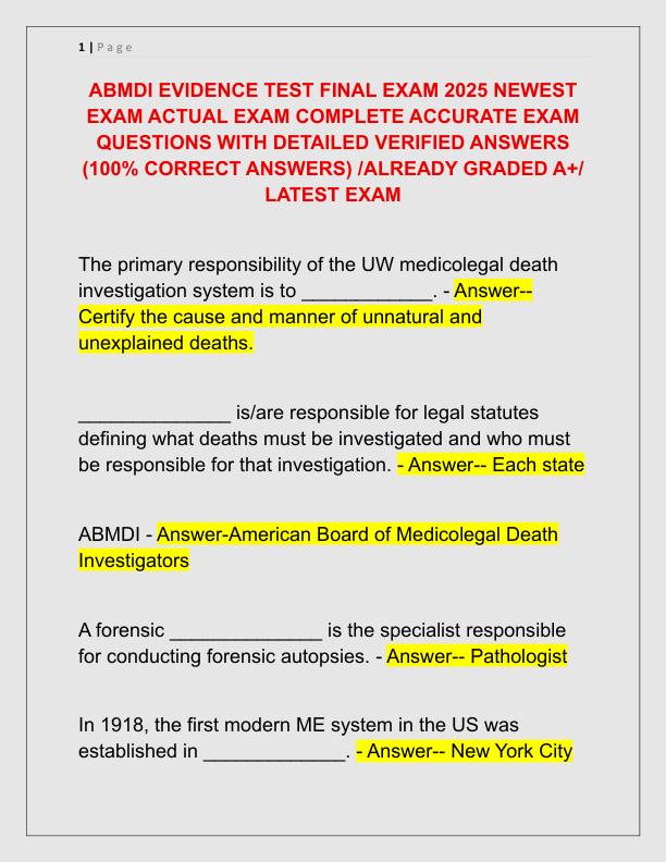 ABMDI EVIDENCE TEST FINAL EXAM 2025 NEWEST EXAM ACTUAL EXAM COMPLETE ACCURATE EXAM QUESTIONS WITH DETAILED VERIFIED ANSWERS