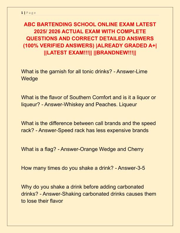 ABC BARTENDING SCHOOL ONLINE EXAM LATEST 2025