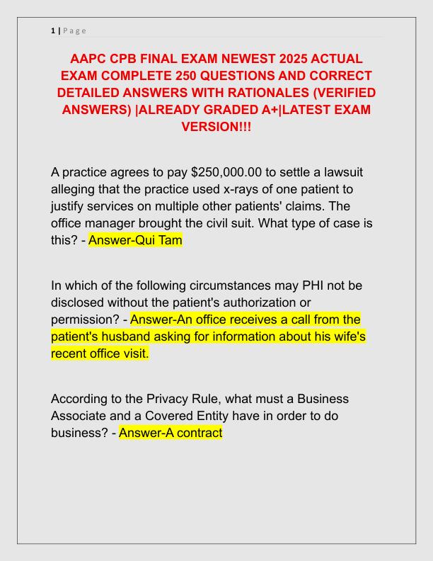 AAPC CPB FINAL EXAM NEWEST 2025 ACTUAL EXAM COMPLETE 250 QUESTIONS AND CORRECT DETAILED ANSWERS WITH RATIONALES