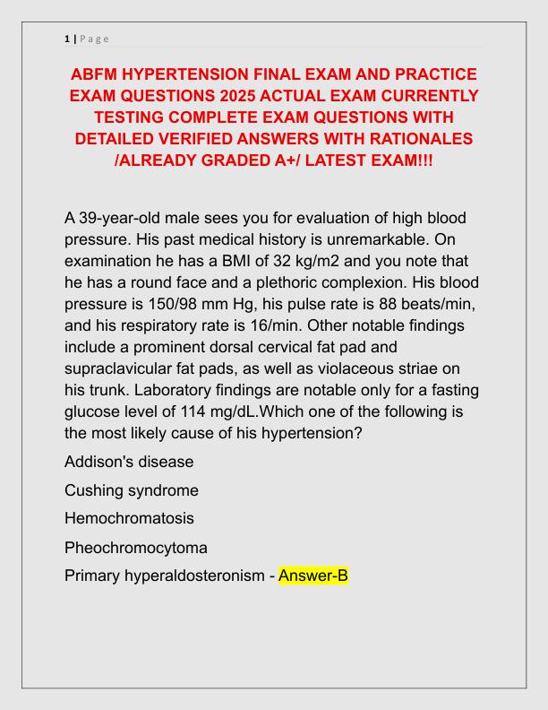 ABFM HYPERTENSION FINAL EXAM AND PRACTICE EXAM QUESTIONS 2025 ACTUAL EXAM CURRENTLY TESTING COMPLETE EXAM QUESTIONS WITH DETAILED VERIFIED ANSWERS WITH RATIONALES