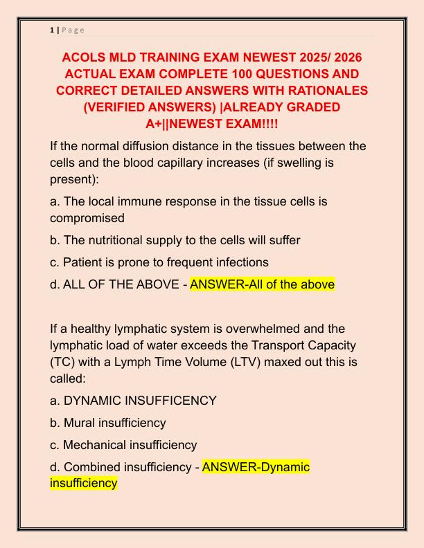 ACOLS MLD TRAINING EXAM NEWEST 2025 ACTUAL EXAM COMPLETE 100 QUESTIONS AND CORRECT DETAILED ANSWERS