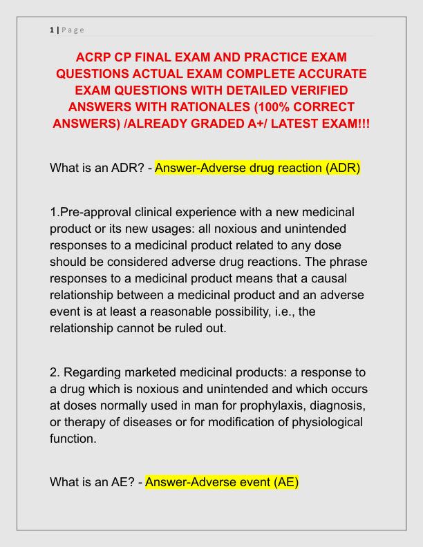 ACRP CP FINAL EXAM AND PRACTICE EXAM QUESTIONS ACTUAL EXAM COMPLETE ACCURATE EXAM QUESTIONS WITH DETAILED VERIFIED ANSWERS WITH RATIONALES