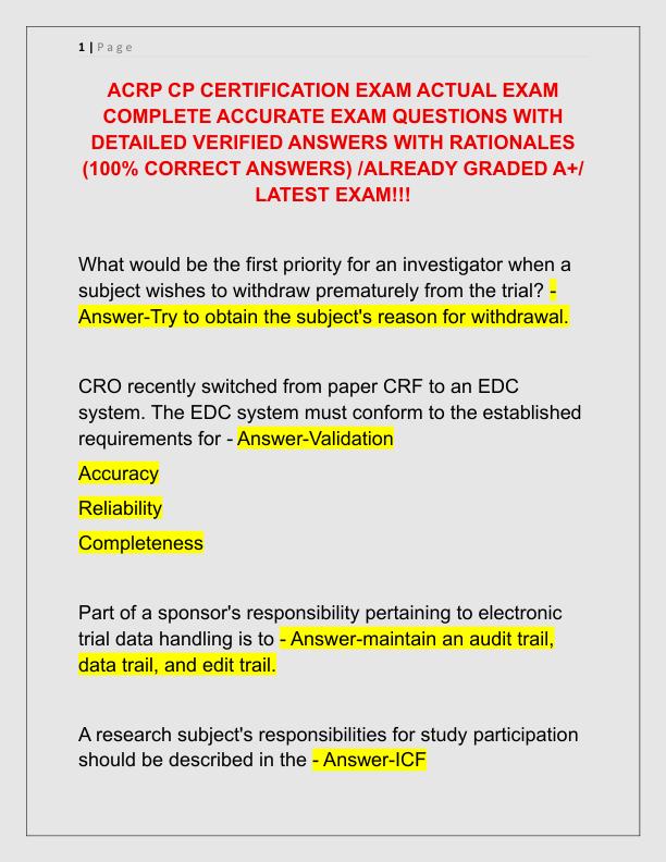 ACRP CP CERTIFICATION EXAM ACTUAL EXAM COMPLETE ACCURATE EXAM QUESTIONS WITH DETAILED VERIFIED ANSWERS WITH RATIONALES
