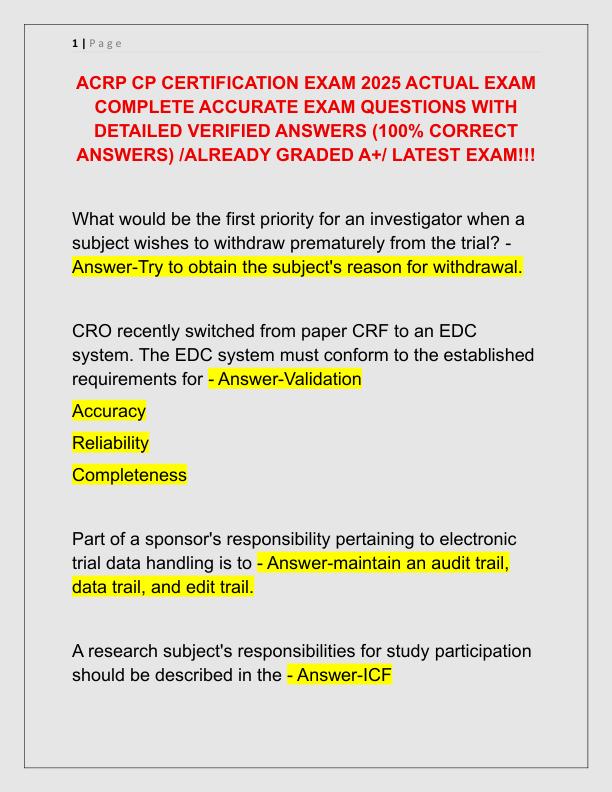 ACRP CP CERTIFICATION EXAM 2025 ACTUAL EXAM COMPLETE ACCURATE EXAM QUESTIONS WITH DETAILED VERIFIED ANSWERS
