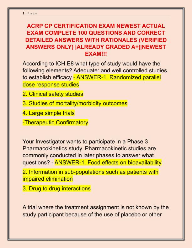 ACRP CP EXAM NEWEST ACTUAL EXAM COMPLETE 100 QUESTIONS AND CORRECT DETAILED ANSWERS