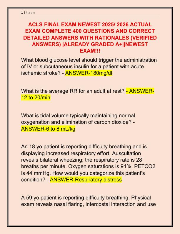 ACLS FINAL EXAM NEWEST 2025 ACTUAL EXAM COMPLETE 400 QUESTIONS AND CORRECT DETAILED ANSWERS