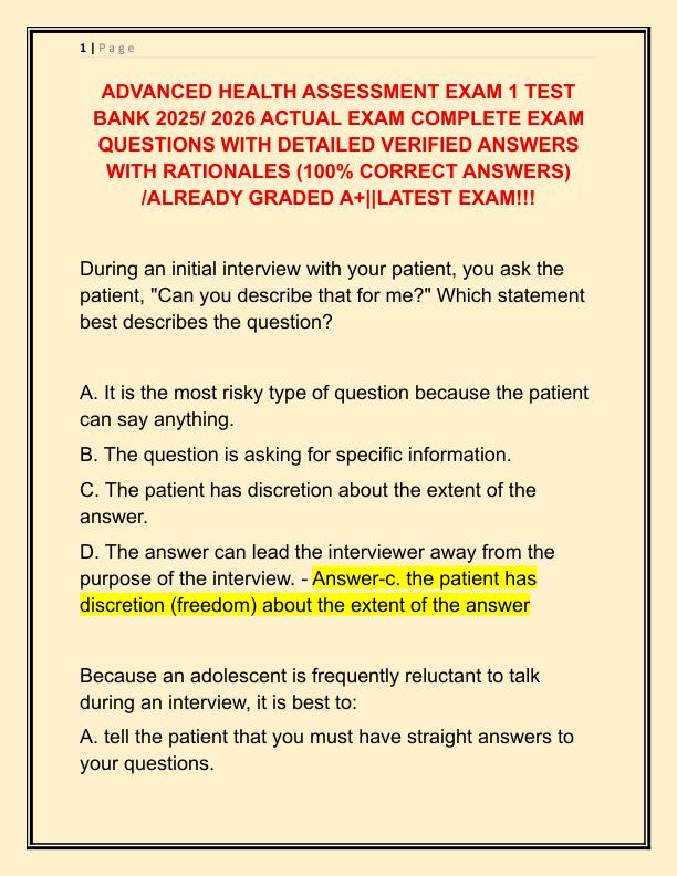 ADVANCED HEALTH ASSESSMENT EXAM 1 TEST BANK 2025