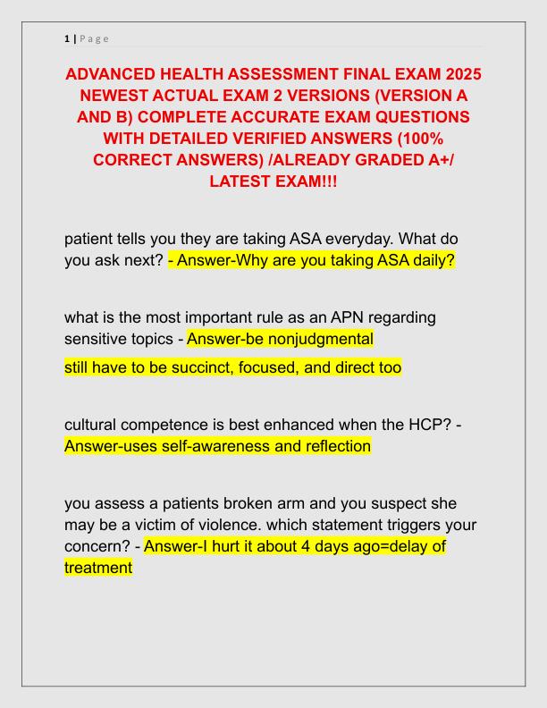 ADVANCED HEALTH ASSESSMENT FINAL EXAM 2025 NEWEST ACTUAL EXAM 2 VERSIONS