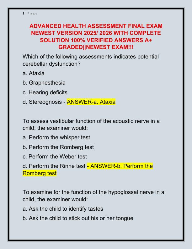 ADVANCED HEALTH ASSESSMENT FINAL EXAM NEWEST VERSION 2025 WITH COMPLETE SOLUTION 100