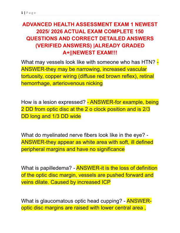 ADVANCED HEALTH ASSESSMENT EXAM 1 NEWEST 2025 ACTUAL EXAM COMPLETE 150 QUESTIONS AND CORRECT DETAILED ANSWERS