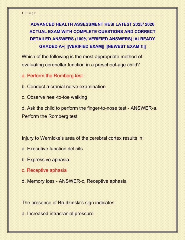 ADVANCED HEALTH ASSESSMENT HESI LATEST 2025 ACTUAL EXAM WITH COMPLETE QUESTIONS AND CORRECT DETAILED ANSWERS