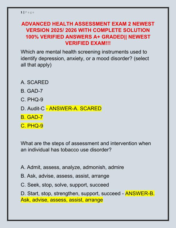 ADVANCED HEALTH ASSESSMENT EXAM 2 NEWEST VERSION 2025 WITH COMPLETE SOLUTION 100
