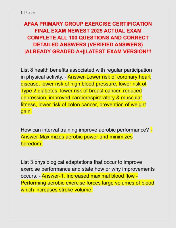 AFAA PRIMARY GROUP EXERCISE CERTIFICATION FINAL EXAM NEWEST 2025 ACTUAL EXAM COMPLETE ALL 100 QUESTIONS AND CORRECT DETAILED ANSWERS