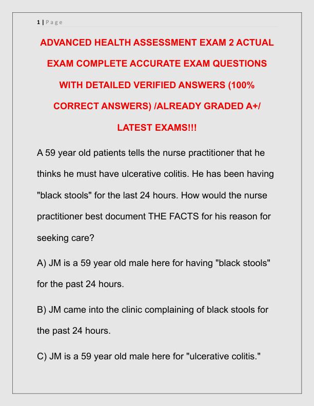 ADVANCED HEALTH ASSESSMENT EXAM 2 ACTUAL EXAM COMPLETE ACCURATE EXAM QUESTIONS WITH DETAILED VERIFIED ANSWERS