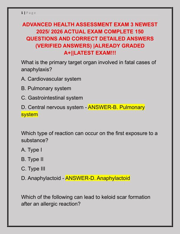 ADVANCED HEALTH ASSESSMENT EXAM 3 NEWEST 2025 ACTUAL EXAM COMPLETE 150 QUESTIONS AND CORRECT DETAILED ANSWERS