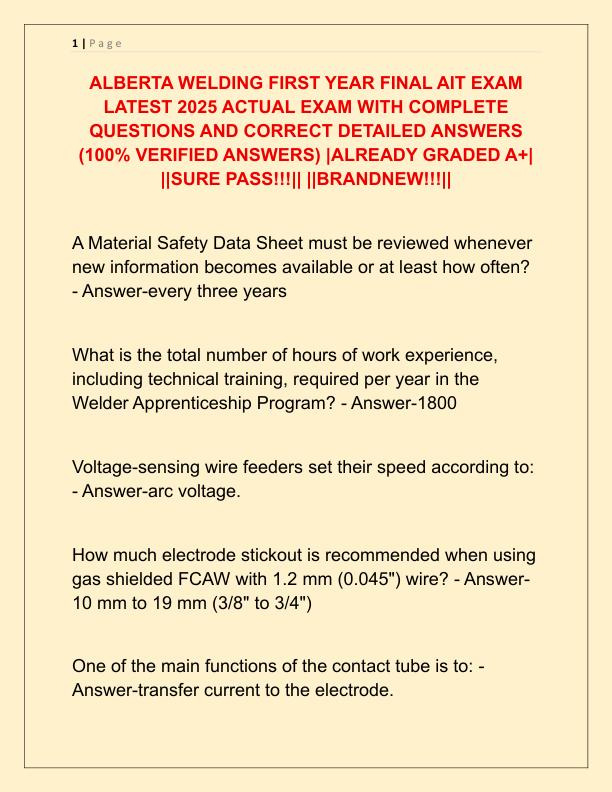 ALBERTA WELDING FIRST YEAR FINAL AIT EXAM LATEST 2025 ACTUAL EXAM WITH COMPLETE QUESTIONS AND CORRECT DETAILED ANSWERS