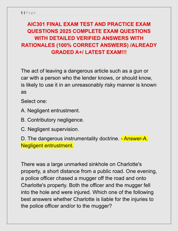 AIC301 FINAL EXAM TEST AND PRACTICE EXAM QUESTIONS 2025 COMPLETE EXAM QUESTIONS WITH DETAILED VERIFIED ANSWERS WITH RATIONALES