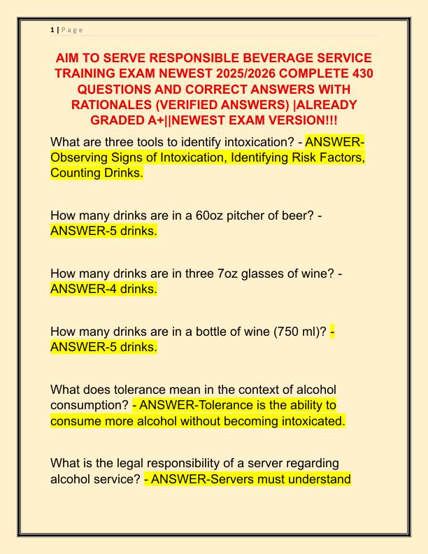 AIM TO SERVE RESPONSIBLE BEVERAGE SERVICE TRAINING EXAM NEWEST 2025