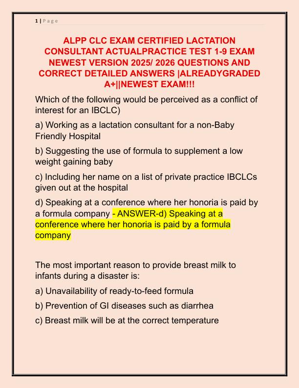 ALPP CLC EXAM CERTIFIED LACTATION CONSULTANT ACTUALPRACTICE TEST 1