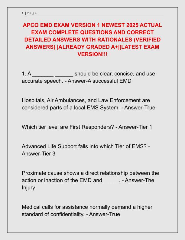 APCO EMD EXAM VERSION 1 NEWEST 2025 ACTUAL EXAM COMPLETE QUESTIONS AND CORRECT DETAILED ANSWERS WITH RATIONALES