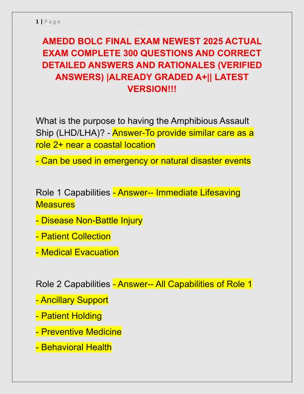 AMEDD BOLC FINAL EXAM NEWEST 2025 ACTUAL EXAM COMPLETE 300 QUESTIONS AND CORRECT DETAILED ANSWERS AND RATIONALES