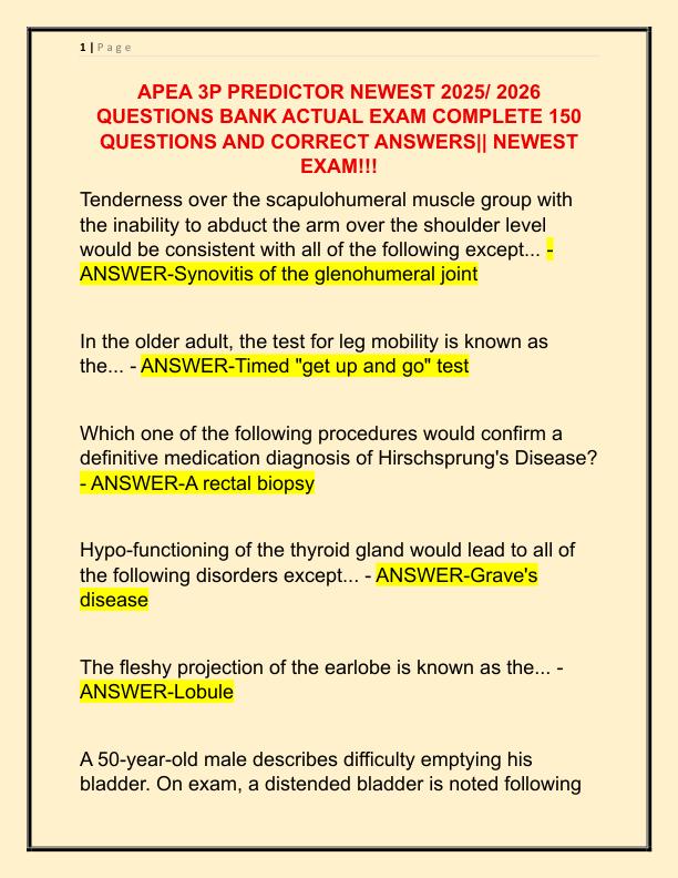 APEA 3P PREDICTOR NEWEST 2025 QUESTIONS BANK ACTUAL EXAM COMPLETE 150 QUESTIONS AND CORRECT ANSWERS